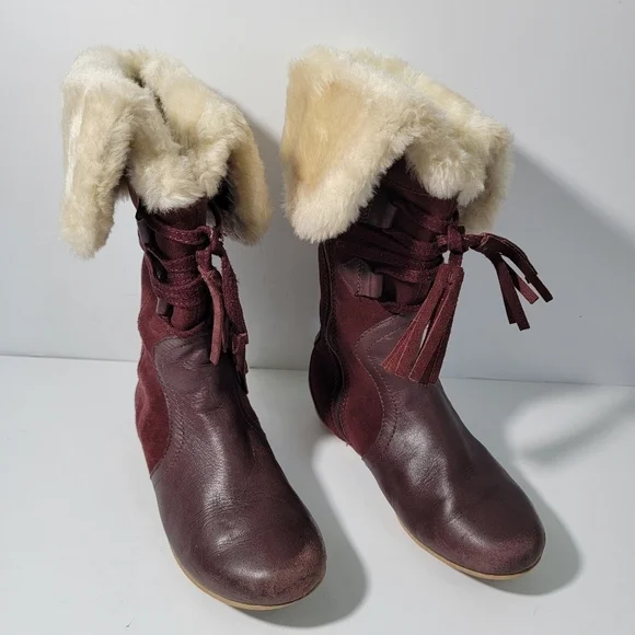 Clark Brown Leather With Faux Fur Trim Side Zip Lace Up Tassel Boots Girl 10.5 - Picture 12 of 12